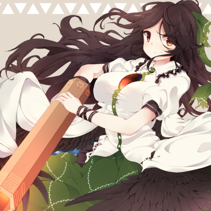 1girl arm_cannon bird_wings black_hair black_wings bow breasts commentary_request fuuen_(akagaminanoka) green_skirt hair_bow highres large_breasts long_hair puffy_short_sleeves puffy_sleeves red_eyes reiuji_utsuho shirt short_sleeves skirt smile solo third_eye touhou weapon white_shirt wings