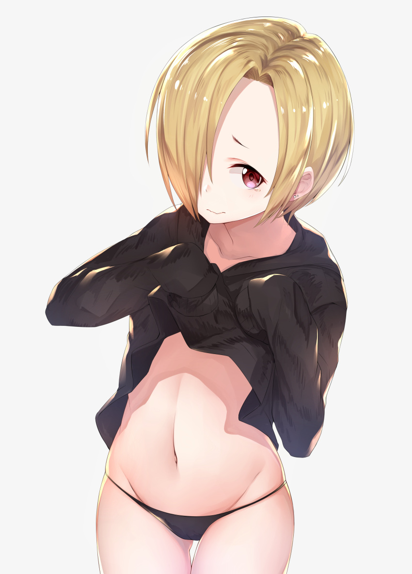 1girl absurdres akky_(akimi1127) black_panties black_sweater blonde_hair clothes_lift collarbone cowboy_shot ear_piercing earrings hair_over_one_eye highres idolmaster idolmaster_cinderella_girls jewelry lifted_by_self looking_at_viewer panties piercing red_eyes shirasaka_koume short_hair simple_background sleeves_past_wrists solo sweater sweater_lift underwear wavy_mouth white_background