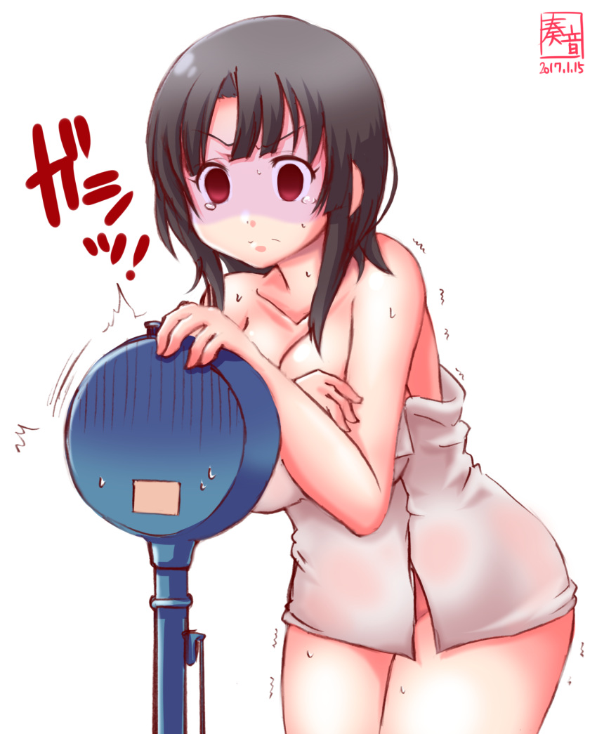 1girl black_hair breasts cleavage gloom_(expression) highres kanon_(kurogane_knights) kantai_collection naked_towel red_eyes short_hair simple_background sketch solo sweat takao_(kantai_collection) tearing_up tears towel translation_request trembling weighing_scale weight_conscious white_background