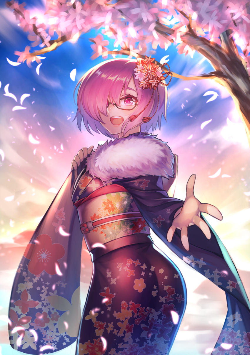 1girl :d absurdres cherry_blossoms fate/grand_order fate_(series) floral_print flower fur_trim furisode glasses hair_flower hair_ornament hair_over_one_eye highres hrtyuk japanese_clothes kimono looking_at_viewer obi open_mouth outstretched_hand petals purple_hair sash shielder_(fate/grand_order) short_hair smile solo violet_eyes