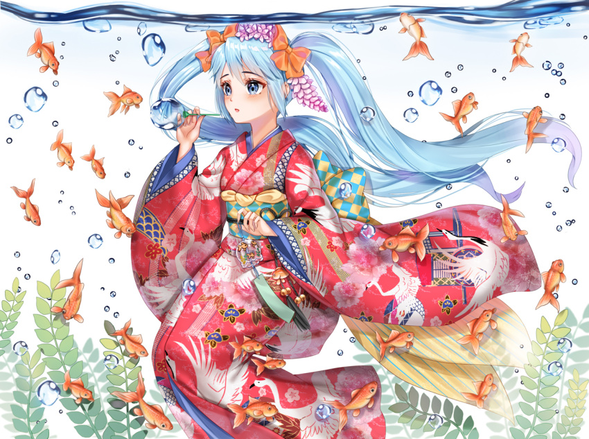 1girl air_bubble animal animal_print bangs bell bird_print blue_eyes blue_hair blush bow bubble_blowing checkered eyelashes fish fish_print flat_chest floating_hair floral_print flower furisode goldfish gradient_hair hair_between_eyes hair_bow hair_flower hair_ornament hatsune_miku holding japanese_clothes jingle_bell kimono long_hair long_sleeves looking_away multicolored_hair obi orange_bow parted_lips print_kimono purple_hair red_kimono sash seaweed submerged tassel transparent twintails underwater very_long_hair vocaloid wide_sleeves wind_chime wisteria xlavhzhr04