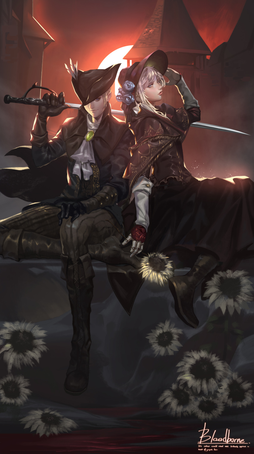 2girls absurdres baka_(mh6516620) blonde_hair bloodborne bonnet cravat doll_joints dress flower hat hat_feather highres lady_maria_of_the_astral_clocktower looking_at_viewer moon multiple_girls plain_doll silver_hair sitting sunflower sword the_old_hunters tricorne weapon