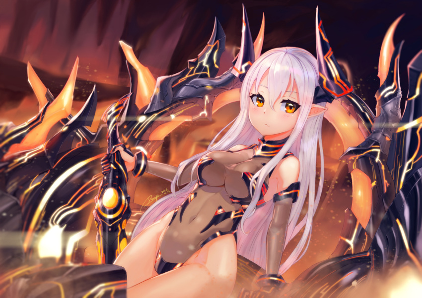 1girl artist_name bangs blurry blush breasts cleavage closed_mouth colo_mag-chan covered_navel dated depth_of_field dutch_angle elbow_gloves fire gloves granblue_fantasy hair_between_eyes hips holding holding_weapon horns large_breasts leotard light_rays long_hair looking_at_viewer pointy_ears ranyu_kuro see-through signature solo sparks very_long_hair weapon white_hair yellow_eyes