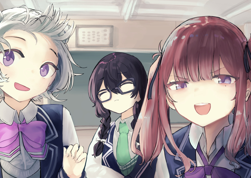 3girls :d absurdres aqua_necktie bangs black-framed_eyewear black_hair black_ribbon bow bowtie braid cevio chalkboard closed_eyes closed_mouth d frown glasses grey_hair hair_between_eyes hair_bow hair_ribbon hanakuma_chifuyu hand_up highres indoors koharu_rikka long_hair looking_at_viewer microa mole mole_under_eye multiple_girls multiple_hair_bows natsuki_karin necktie open_mouth pink_bow pink_bowtie purple_bow purple_bowtie purple_eyes purple_hair redhead ribbon round_teeth short_hair smile synthesizer_v teeth twin_braids twintails upper_teeth v-shaped_eyebrows violet_eyes white_bow