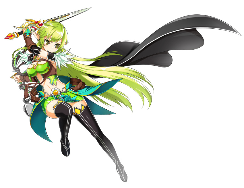 1girl absurdres boots breasts bridal_gauntlets cape cleavage elsword full_body green_eyes green_hair highres holding holding_sword holding_weapon long_hair miniskirt navel night_watcher_(elsword) official_art pointy_ears rena_(elsword) ress serious skirt solo sword thigh-highs thigh_boots transparent_background very_long_hair weapon