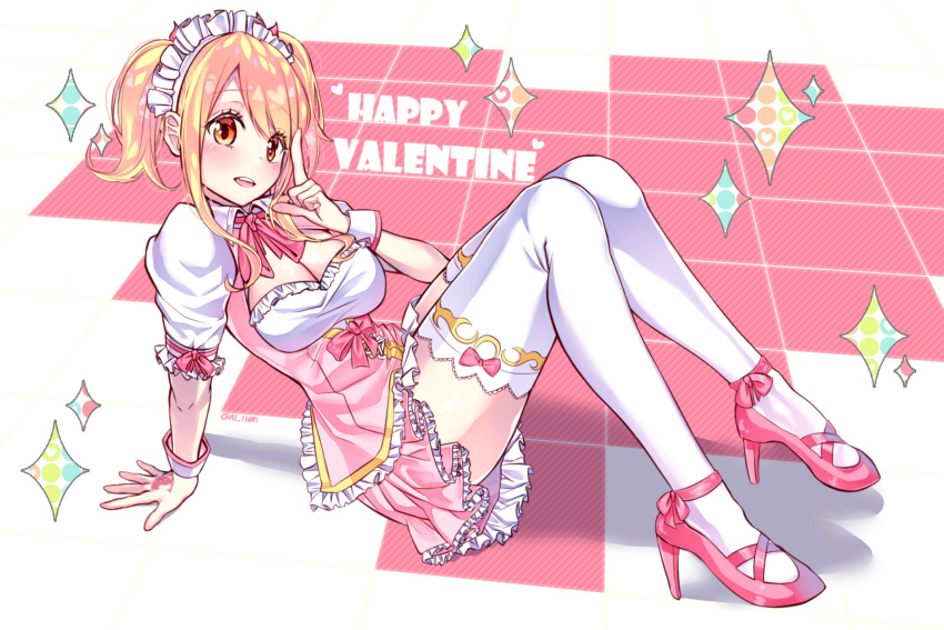 1girl blonde_hair bow breasts cleavage fairy_tail frilled_skirt frills full_body happy_valentine high_heels highres index_finger_raised large_breasts lium looking_at_viewer lucy_heartfilia maid maid_headdress open_mouth orange_eyes pink_bow pink_shoes pink_skirt shoes short_hair short_sleeves sitting skirt solo tattoo thigh-highs twintails white_legwear wrist_cuffs