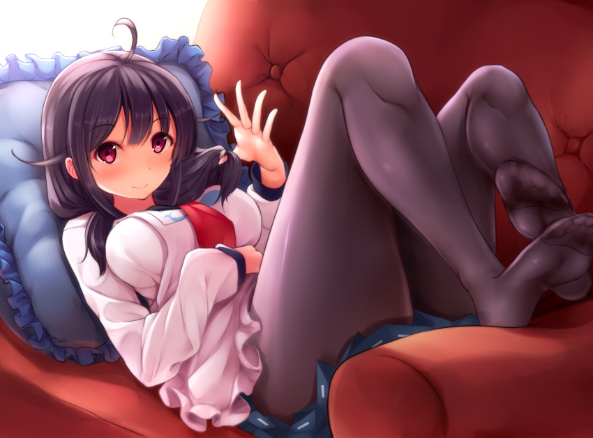 1girl ahoge black_legwear breasts couch feet hair_flaps highres kantai_collection long_hair looking_at_viewer low_twintails magatama neckerchief nicoby no_shoes pantyhose purple_hair red_eyes school_uniform serafuku smile soles solo taigei_(kantai_collection) toes twintails whale