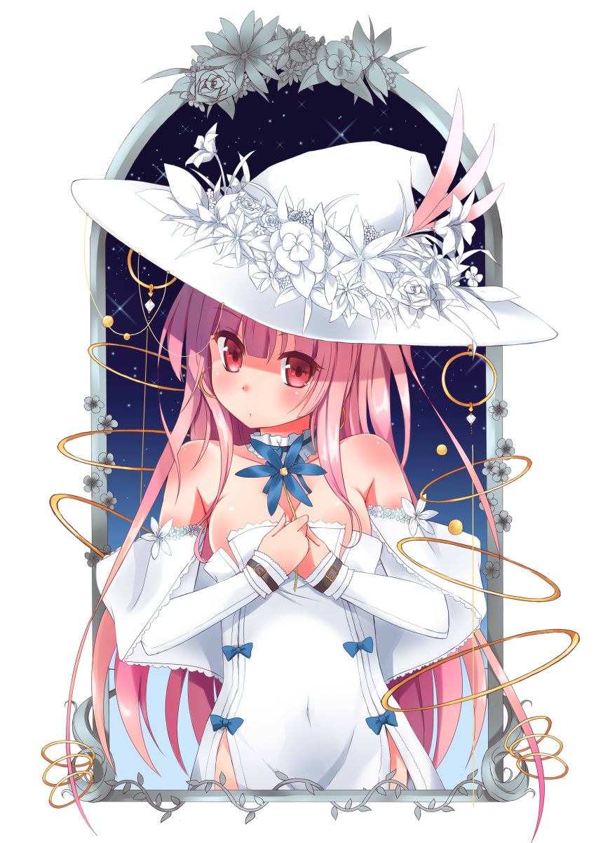 1girl absurdres blue_bow bow breasts cleavage collar covered_navel detached_sleeves hat highres kaku-san-sei_million_arthur large_breasts long_hair million_arthur_(series) nimue_(kaku-san-sei_million_arthur) pink_hair red_eyes simple_background solo white_background white_backgrouns white_hat witch_hat
