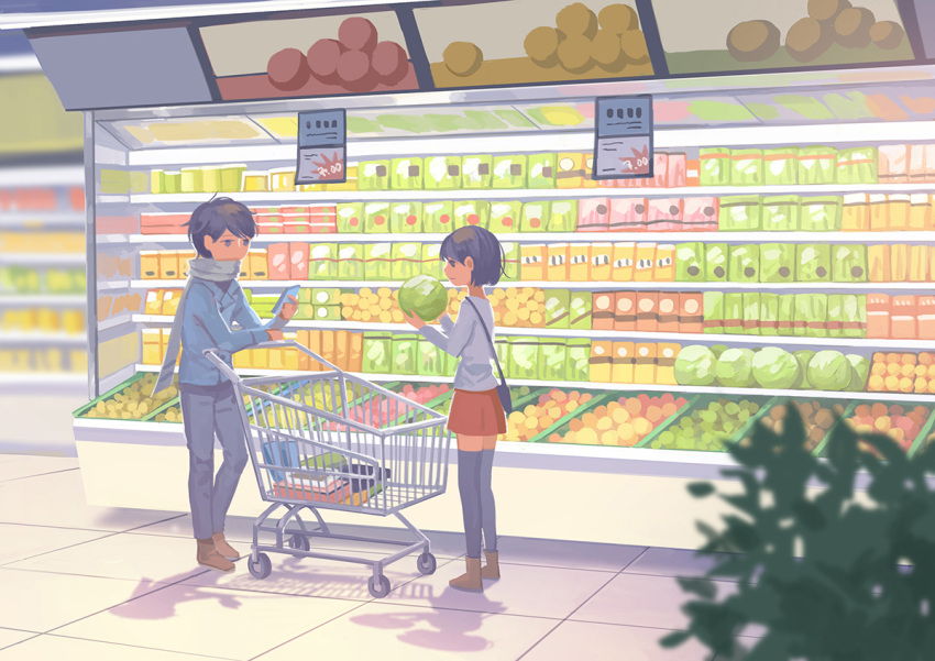 1boy 1girl black_hair black_legwear blurry box cabbage closed_eyes commentary denim food groceries holding holding_food indoors jeans kitsu+3 lon_(niconico) long_sleeves matching_hairstyle niconico original pants price_tag profile red_skirt scarf shadow shirt shop shopping shopping_cart short_hair skirt smile soraru standing thigh-highs tile_floor tiles white_shirt zettai_ryouiki