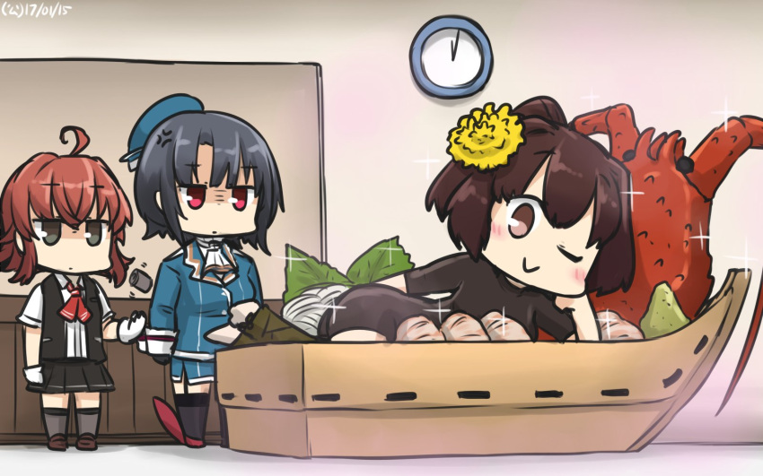 3girls ahoge anger_vein arashi_(kantai_collection) beret black_gloves black_hair brown_eyes brown_hair clock commentary dandelion dated flower gloves hair_flower hair_ornament hamu_koutarou hat highres ise_(kantai_collection) kantai_collection lobster military military_uniform multiple_girls one_eye_closed pleated_skirt red_eyes redhead school_uniform short_hair short_sleeves skirt sparkle takao_(kantai_collection) underskirt uniform wasabi white_gloves