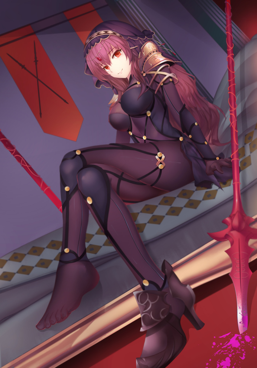1girl absurdres bodysuit breasts covered_navel fate/grand_order fate_(series) feet gae_bolg highres large_breasts legs_crossed long_hair looking_at_viewer magician_(china) polearm purple_bodysuit purple_hair red_eyes scathach_(fate/grand_order) single_shoe smile solo spear toes veil weapon