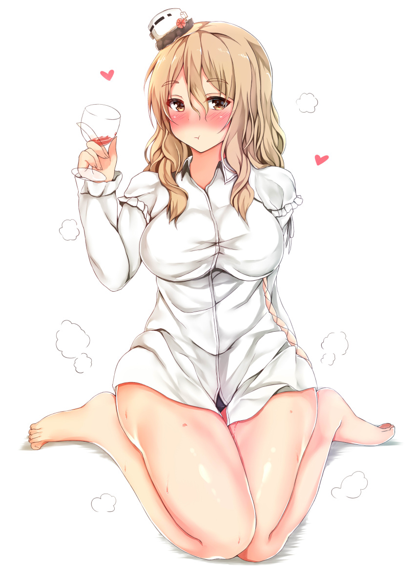 1girl absurdres barefoot black_panties breasts brown_eyes cup drinking_glass drunk hat heart highres kantai_collection large_breasts long_hair looking_at_viewer mini_hat miniskirt panties pikatchi pola_(kantai_collection) pout sitting skirt solo sweat thigh-highs underwear wariza wavy_hair white_legwear wine_glass