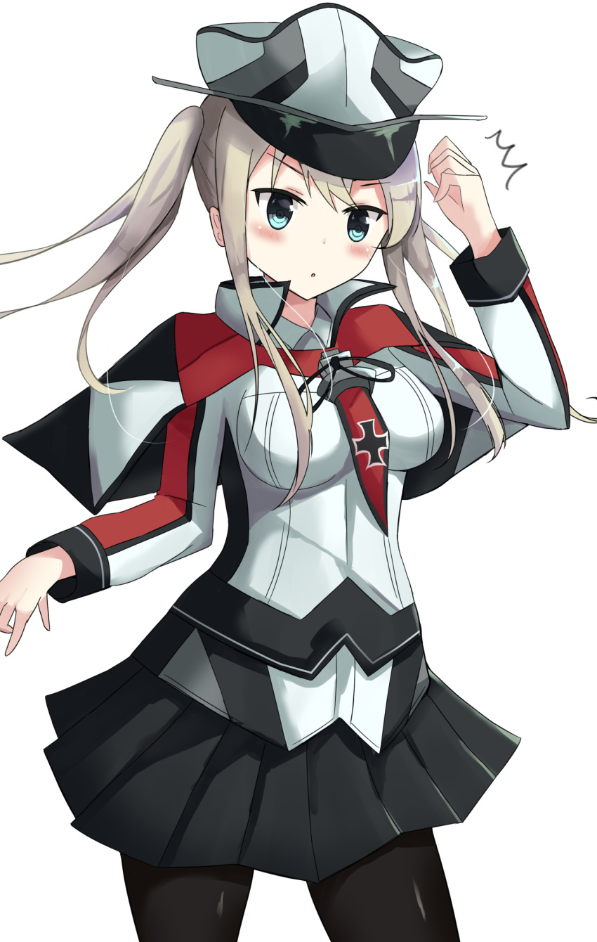 1girl black_legwear blonde_hair blush breasts capelet commentary_request graf_zeppelin_(kantai_collection) hat highres impossible_clothes iron_cross jacket kantai_collection kugehi large_breasts long_hair long_sleeves military military_hat military_uniform miniskirt no_gloves pantyhose peaked_cap sidelocks simple_background skirt solo twintails uniform white_background white_hat