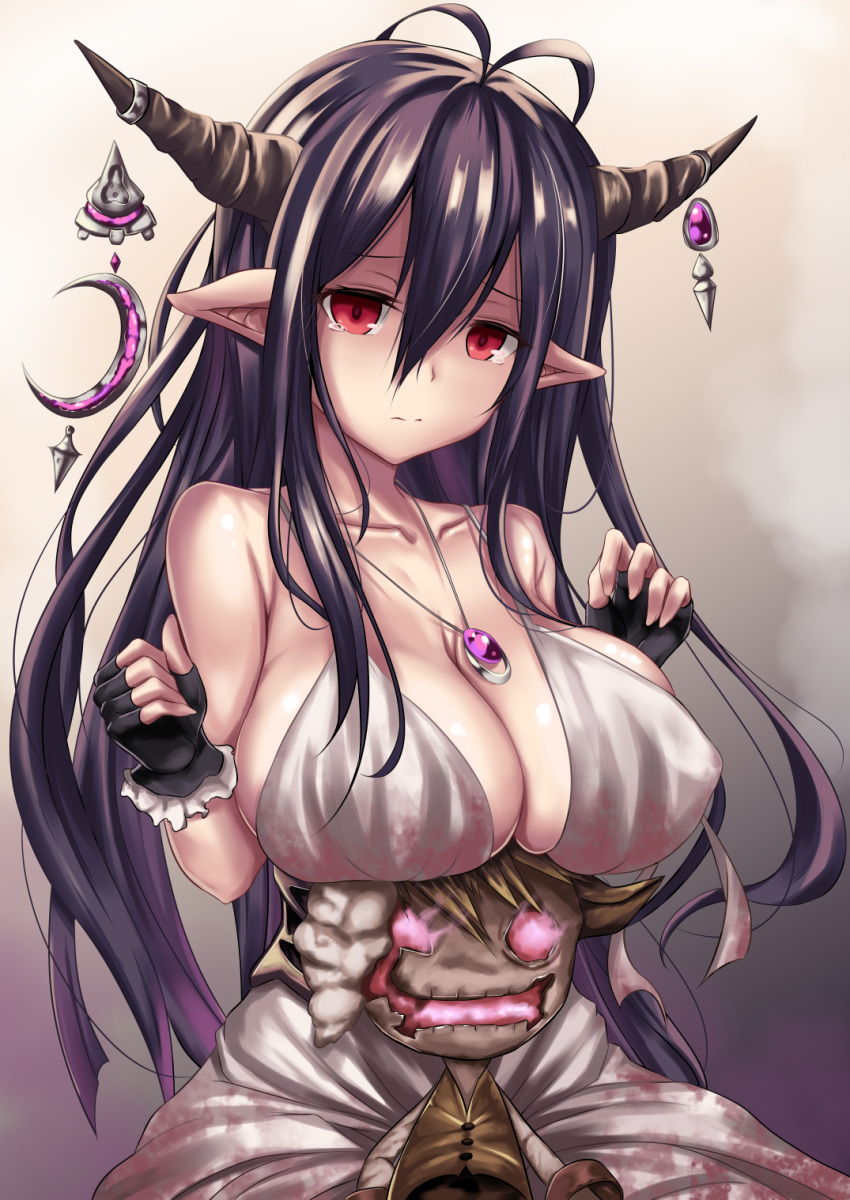 1girl antenna_hair bare_shoulders black_gloves black_hair breast_rest breasts cleavage closed_mouth collarbone crescent danua doraf dress fingerless_gloves gloves granblue_fantasy hair_between_eyes hansel_(granblue_fantasy) highres horn_ornament horns jewelry large_breasts long_hair looking_at_viewer pendant pointy_ears red_eyes sidelocks tama_satou tears very_long_hair white_dress