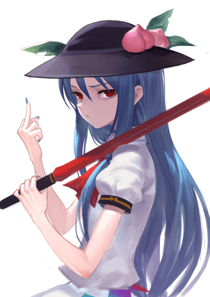 &gt;:/ 1girl ascot black_hat blue_hair blue_nails eyebrows_visible_through_hair fkey food from_side fruit hands_up hat highres hinanawi_tenshi holding holding_weapon leaf long_hair looking_at_viewer looking_to_the_side middle_finger nail_polish over_shoulder peach puffy_short_sleeves puffy_sleeves red_eyes short_sleeves sidelocks simple_background solo sword_of_hisou touhou upper_body weapon weapon_over_shoulder white_background wing_collar