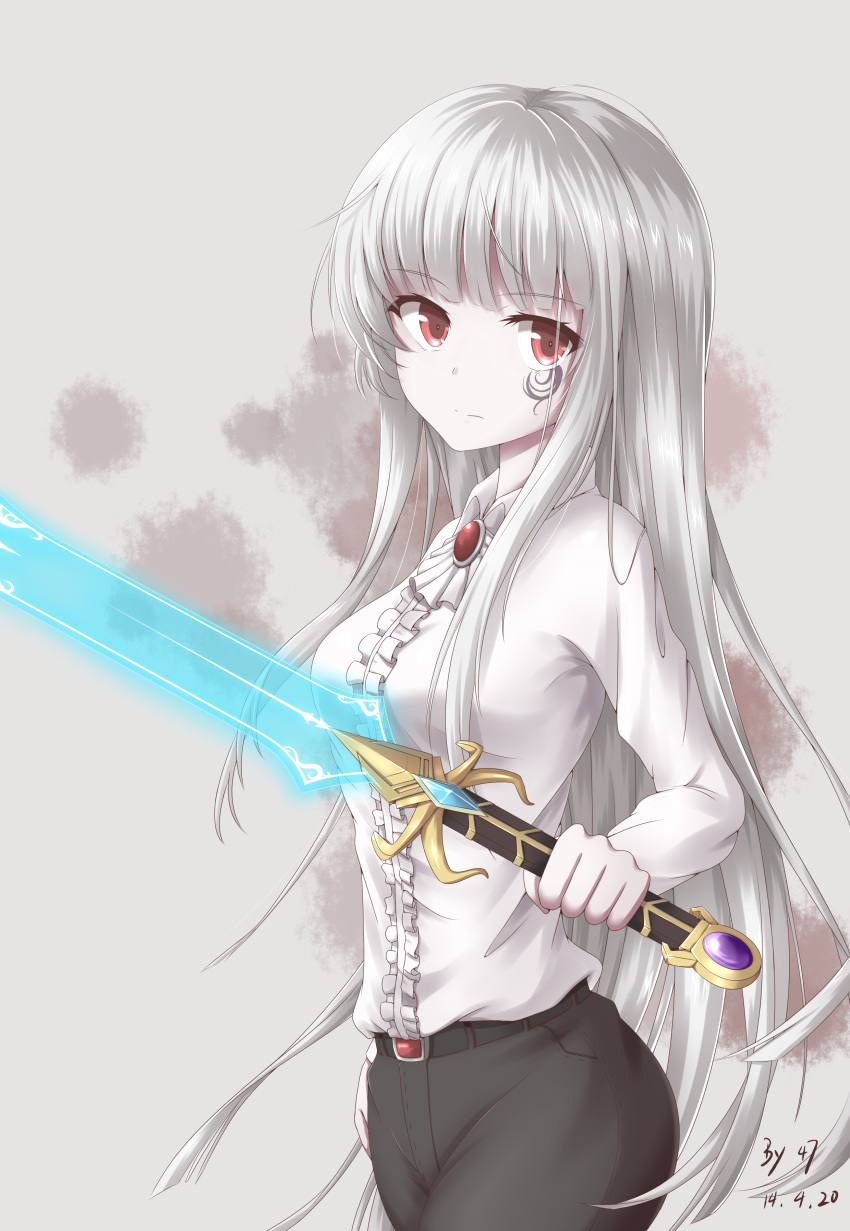 1girl 2014 47_(479992103) absurdres belt dated eyebrows_visible_through_hair grey_eyes highres holding holding_sword holding_weapon long_hair looking_at_viewer maplestory red_eyes shirt signature silver_hair simple_background solo sword weapon white_shirt