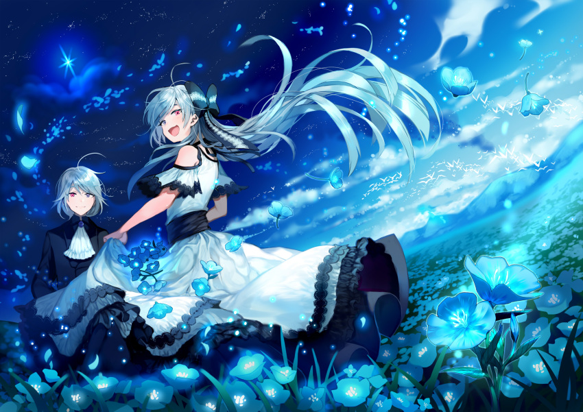 1boy 1girl :d black_bow blue_flower bow dress floating_hair formal grey_eyes hair_bow heterochromia highres long_hair looking_at_viewer looking_back mocco night open_mouth original outdoors petals red_eyes short_sleeves silve_rhair silver_hair skirt_hold sky smile star_(sky) starry_sky very_long_hair white_dress