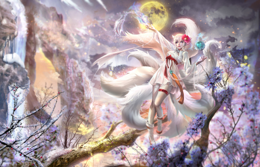 1girl ahri alternate_hair_length alternate_hairstyle animal_ears bell blue_eyes boots breasts cleavage closed_mouth dress facial_mark flower fox_ears fox_tail full_body full_moon hair_flower hair_ornament highres league_of_legends lips long_sleeves medium_breasts moon multiple_tails nose outdoors pantyhose red_flower sangrde sash short_dress snow solo tail thigh_strap tree whisker_markings white_boots white_dress white_hair white_legwear wolf_ears wolf_girl wolf_tail