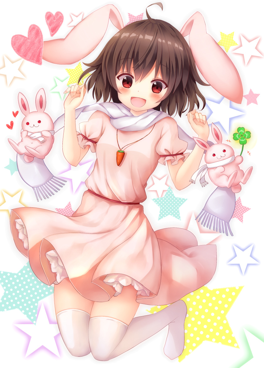 1girl :3 :d absurdres ahoge akakabu_(obsidian910) animal_ears blush breasts brown_hair carrot_necklace clover commentary_request dress folded_leg four-leaf_clover hands_up heart highres inaba_tewi jumping knees_together looking_at_viewer no_shoes open_mouth petticoat pink_dress puffy_short_sleeves puffy_sleeves rabbit rabbit_ears red_eyes scarf short_dress short_hair short_sleeves small_breasts smile solo star starry_background thigh-highs touhou white_background white_legwear white_scarf zettai_ryouiki