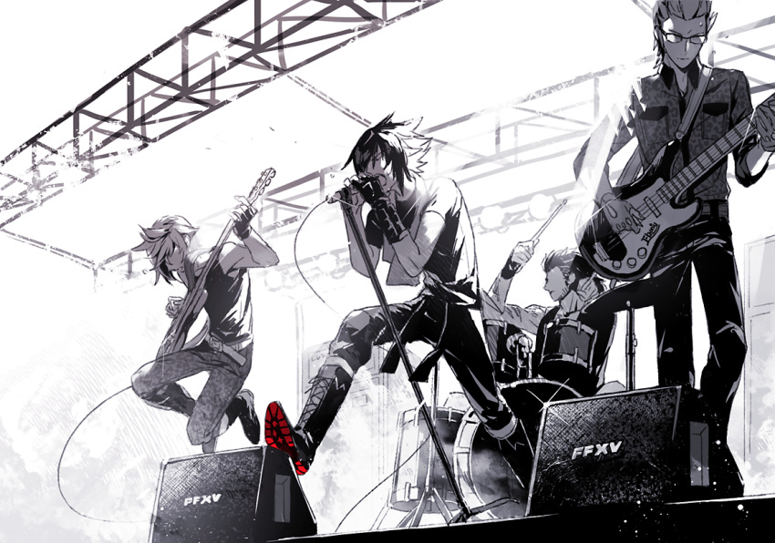 4boys boots concert drum drum_set drumming ebira final_fantasy final_fantasy_xv gladiolus_amicitia glasses gloves guitar ignis_scientia instrument jumping microphone microphone_stand monochrome multiple_boys music noctis_lucis_caelum open_mouth playing_instrument prompto_argentum singing sleeveless spiky_hair spot_color stage_lights tank_top tattoo