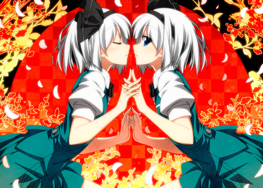 2girls :o black_bow black_bowtie black_hairband black_ribbon blue_eyes bow bowtie closed_eyes cowboy_shot dual_persona face-to-face female from_side green_skirt green_vest hair_ribbon hairband hand_holding highres incipient_kiss interlocked_fingers konpaku_youmu looking_at_viewer looking_to_the_side miniskirt multiple_girls mutual_yuri open_mouth parted_lips petals pleated_skirt profile puffy_short_sleeves puffy_sleeves ribbon sazanami_mio selfcest short_hair short_sleeves silver_hair skirt skirt_set symmetry touhou vest yuri