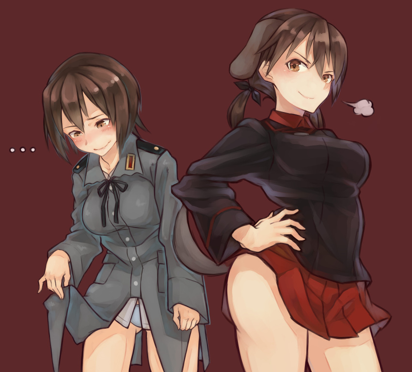 ... 2girls absurdres animal_ears blush brown_eyes brown_hair cosplay costume_switch crossover dog_ears doyagao gertrud_barkhorn gertrud_barkhorn_(cosplay) girls_und_panzer hair_ribbon hand_on_hip highres jinguuji_(jinguji443) long_sleeves looking_at_viewer military military_uniform multiple_girls nishizumi_maho nishizumi_maho_(cosplay) no_pants panties pleated_skirt red_background ribbon school_uniform simple_background skirt sleeves_past_wrists strike_witches thighs twintails underwear uniform wavy_mouth world_witches_series