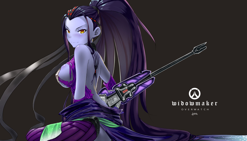 1girl absurdres back bare_shoulders blush bodysuit breasts breasts_outside character_name copyright_name davvworlds gloves grey_background gun head_mounted_display highres light_smile long_hair looking_at_viewer looking_to_the_side medium_breasts multicolored_hair overwatch ponytail purple_bodysuit purple_gloves purple_hair purple_skin rifle signature silver_hair simple_background solo torn_bodysuit torn_clothes upper_body very_long_hair visor weapon widowmaker_(overwatch) yellow_eyes