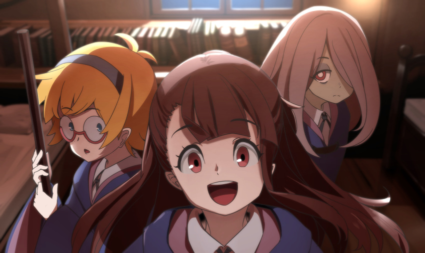 akko_kagari bed blonde_hair blue_eyes blurry book brown_eyes brown_hair depth_of_field hair_over_one_eye hairband little_witch_academia long_hair lotte_yanson open_mouth pink_hair red_eyes robe ryosios short_hair sucy_manbabalan wand window