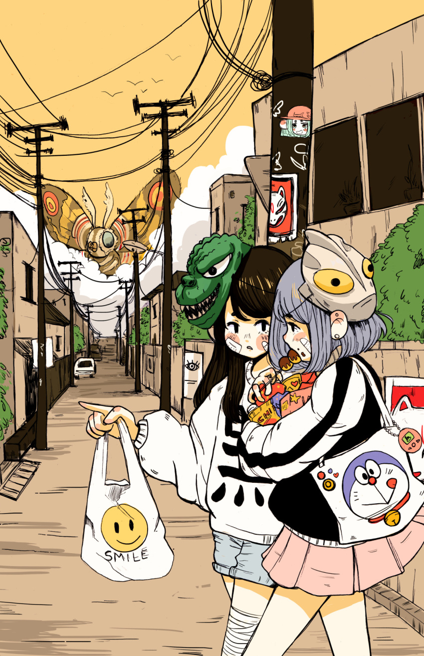 2girls bad_id bad_tumblr_id bag bandage brown_hair crisalys doraemon food godzilla_(series) grocery_bag highres jacket light_blue_hair mask mothra multiple_girls road shopping_bag shorts skirt smile snack street sweater takoyaki telephone_pole tote_bag ultra_series ultraman_(1st_series) walking