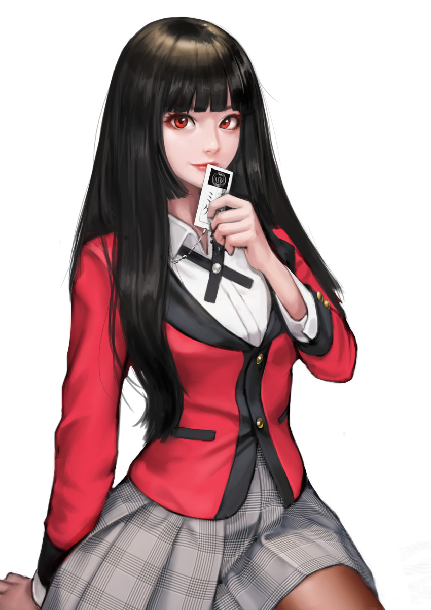 1girl absurdres bangs black_hair blazer blunt_bangs card commentary cosplay highres hime_cut holding jabami_yumeko jabami_yumeko_(cosplay) jacket jungon_kim kakegurui lips long_hair long_sleeves looking_at_viewer multicolored multicolored_clothes parted_lips pink_lips red_blazer school_uniform shirt solo white_background white_shirt