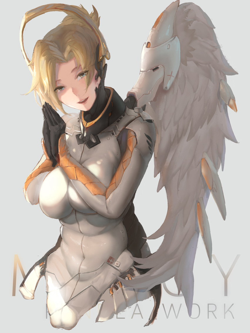 1girl :d alternate_wings angel_wings black_gloves blonde_hair blue_eyes bodysuit breast_squeeze breasts character_name covered_navel emblem feathered_wings gloves grey_background hands_together high_ponytail highres large_breasts looking_at_viewer mechanical_halo mercy_(overwatch) open_mouth overwatch praying simple_background skin_tight sky_of_morika smile solo swiss_flag teeth upper_body white_wings wings