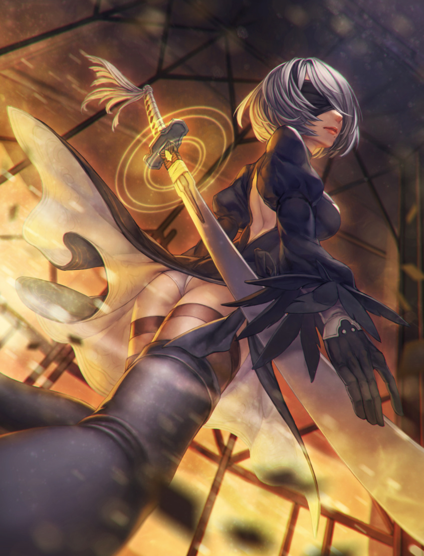 1girl ass black_dress black_gloves black_legwear blindfold dress foreshortening from_below gloves highres juliet_sleeves katana leotard_under_clothes long_sleeves mole mole_under_mouth nier_(series) nier_automata open-back_dress parted_lips puffy_sleeves rotix short_hair silver_hair solo standing sword thigh-highs weapon yorha_no._2_type_b