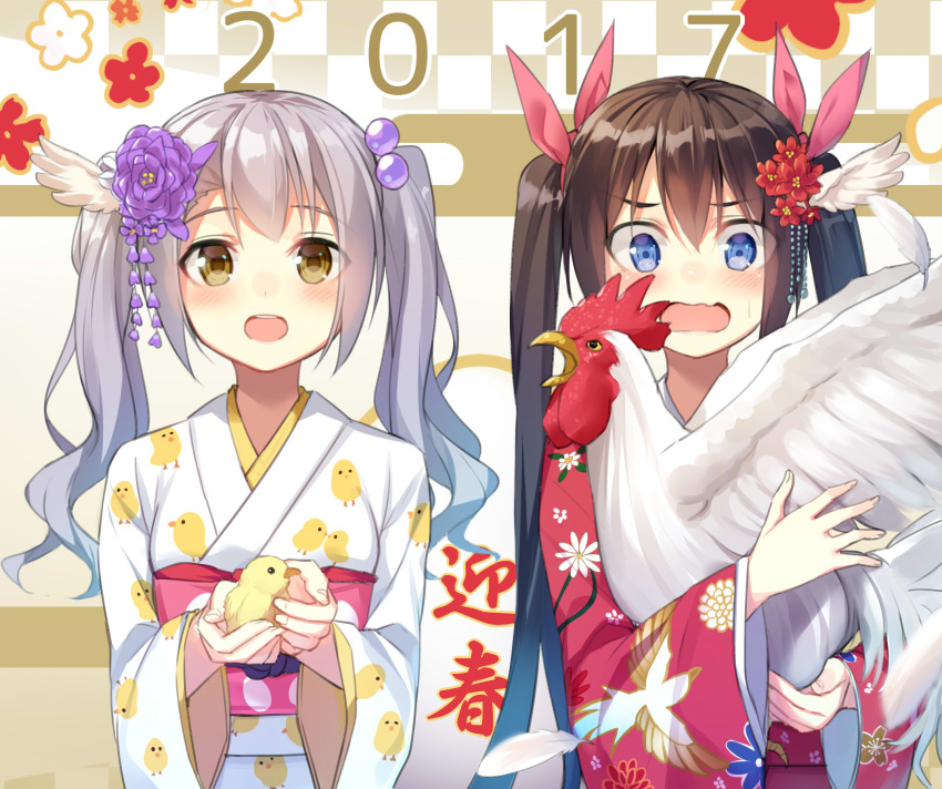 2017 2girls alexmaster animal animal_print bangs bird blue_eyes blush checkered checkered_background chick chick_print chicken eyebrows_visible_through_hair feathers floral_background floral_print flower hair_between_eyes hair_flower hair_ornament hair_ribbon happy_new_year highres holding holding_animal japanese_clothes kanzashi kimono long_hair long_sleeves looking_at_another looking_down multiple_girls nengajou new_year obi open_mouth original pink_ribbon purple_flower red_kimono ribbon rooster sash silver_hair smile startled teeth translated twintails upper_body wavy_hair wavy_mouth white_kimono wide_sleeves year_of_the_rooster yellow_eyes