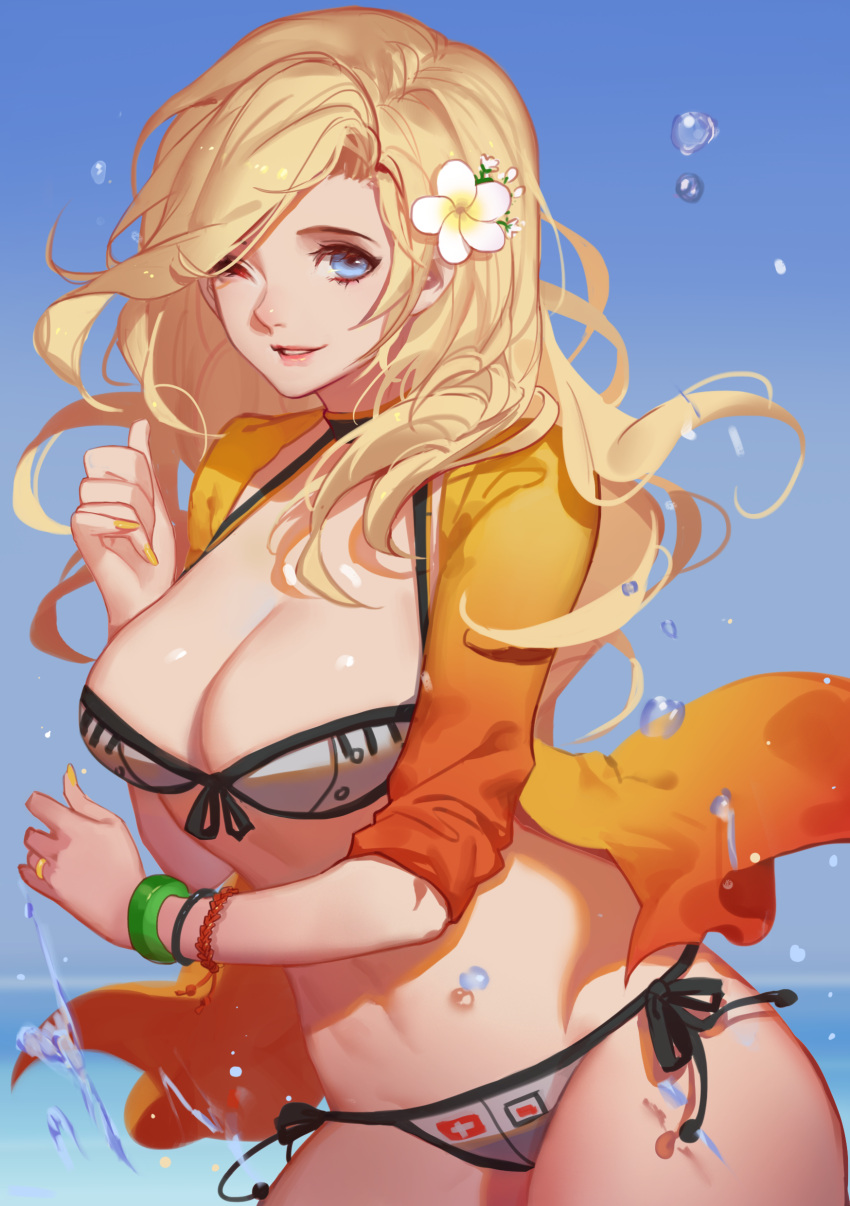 1girl 2016 ;) absurdres artist_name bangle bikini bikini_under_clothes blonde_hair blue_background blue_sky bracelet breasts cleavage cowboy_shot day eyelashes floating_hair flower front-tie_bikini front-tie_top gradient hair_down hair_flower hair_ornament highres horizon jacket jacket_over_swimsuit jewelry large_breasts long_hair looking_at_viewer mercy_(overwatch) motion_blur nail_polish navel no_wings ocean one_eye_closed outdoors overwatch parted_lips plumeria ring shade side-tie_bikini sky sleeves_pushed_up smile solo songjikyo stomach swimsuit water water_drop wedding_band white_bikini white_flower yellow_jacket yellow_nails