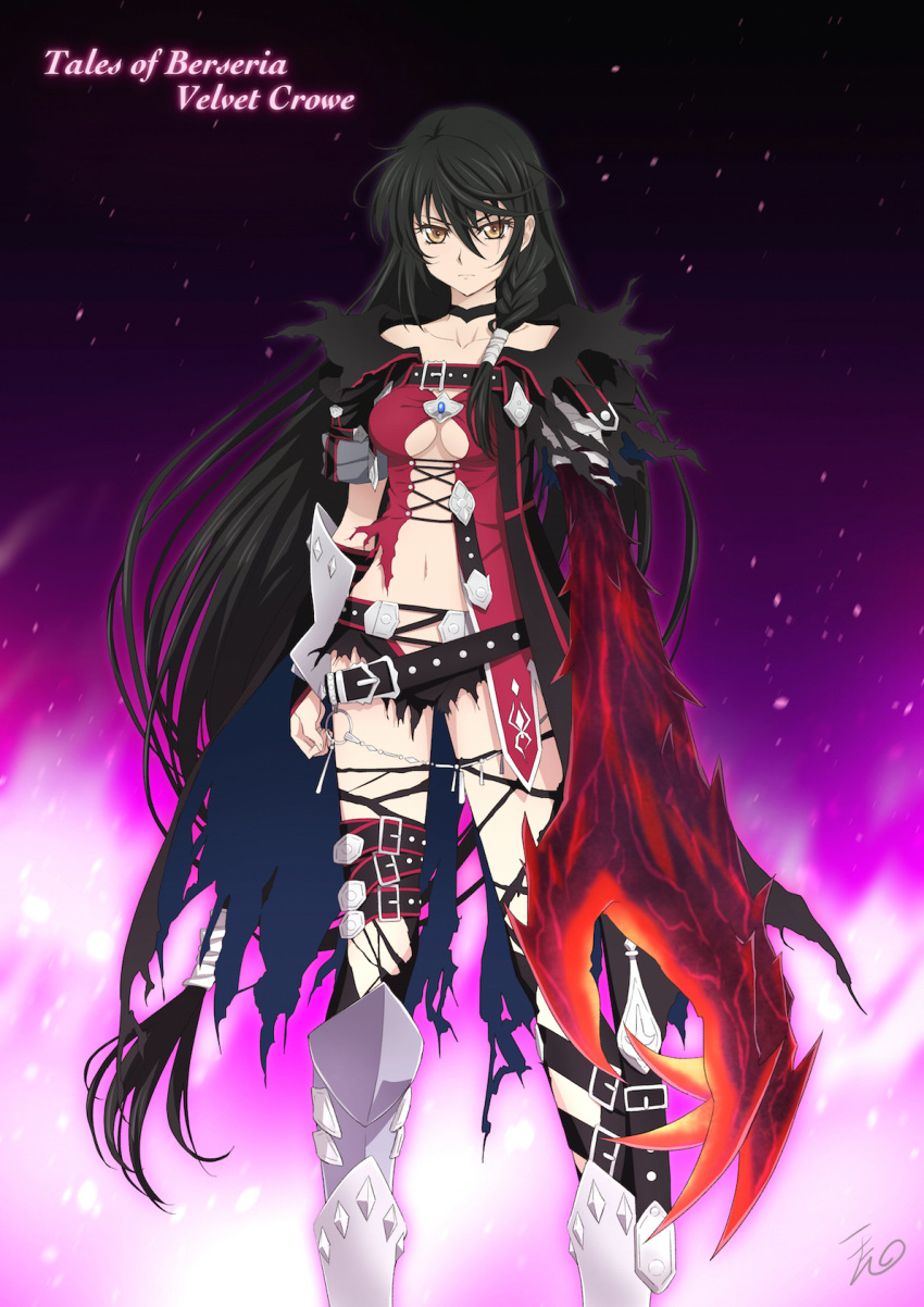 1girl artist_name belt belt_buckle black_hair braid breasts buckle cape choker claws copyright_name highres long_hair looking_at_viewer navel puma_(hyuma1219) red_shirt revealing_clothes shirt signature solo tales_of_(series) tales_of_berseria text torn_clothes velvet_crowe yellow_eyes