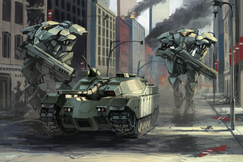 city ground_vehicle gun holding holding_weapon karamas lamppost mecha military military_vehicle motor_vehicle original rifle ruins smoke tank weapon