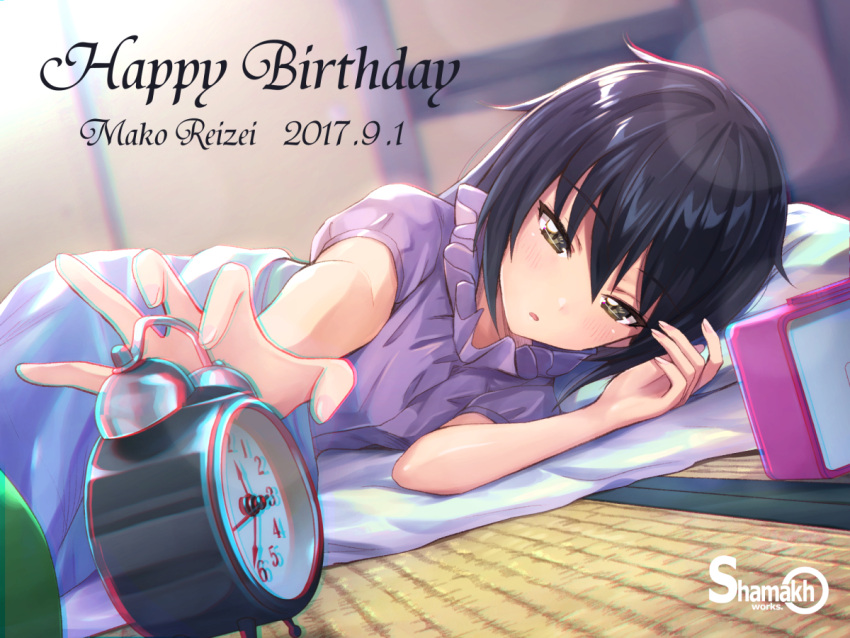 1girl :o alarm_clock analog_clock artist_logo artist_name bangs black_hair blanket brown_eyes character_name chromatic_aberration clock dated english eyebrows_visible_through_hair foreshortening from_side futon girls_und_panzer hair_between_eyes half-closed_eyes happy_birthday indoors long_hair lying messy_hair on_bed on_side pajamas parted_lips pillow reizei_mako shamakho shiny shiny_hair short_sleeves sleepy solo tatami waking_up