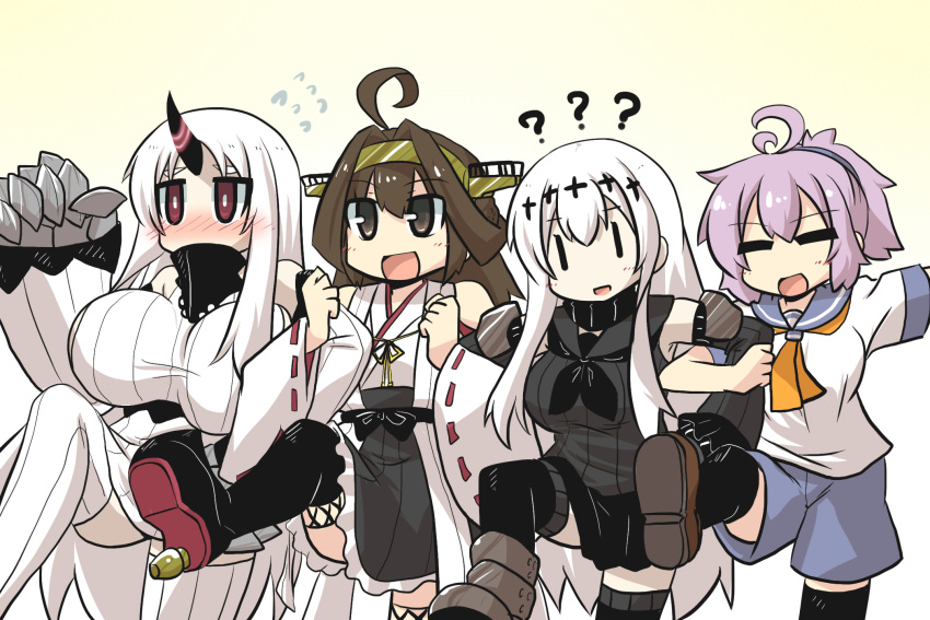4girls ?? ahoge aircraft_carrier_water_oni aoba_(kantai_collection) blush blush_stickers boots breasts brown_eyes brown_hair claws closed_eyes collar comic commentary_request detached_sleeves dress elbow_gloves flying_sweatdrops gloves gomasamune hairband headgear highres horn huge_breasts japanese_clothes kantai_collection kongou_(kantai_collection) large_breasts leg_up lineup locked_arms long_hair long_sleeves multiple_girls neckerchief nichijou nontraditional_miko open_mouth parody pink_hair pleated_skirt ponytail red_eyes school_uniform seaport_hime serafuku shinkaisei-kan short_hair short_sleeves shorts sidelocks skirt sleeveless smile sweater sweater_dress thigh-highs white_hair wide_sleeves yellow_background