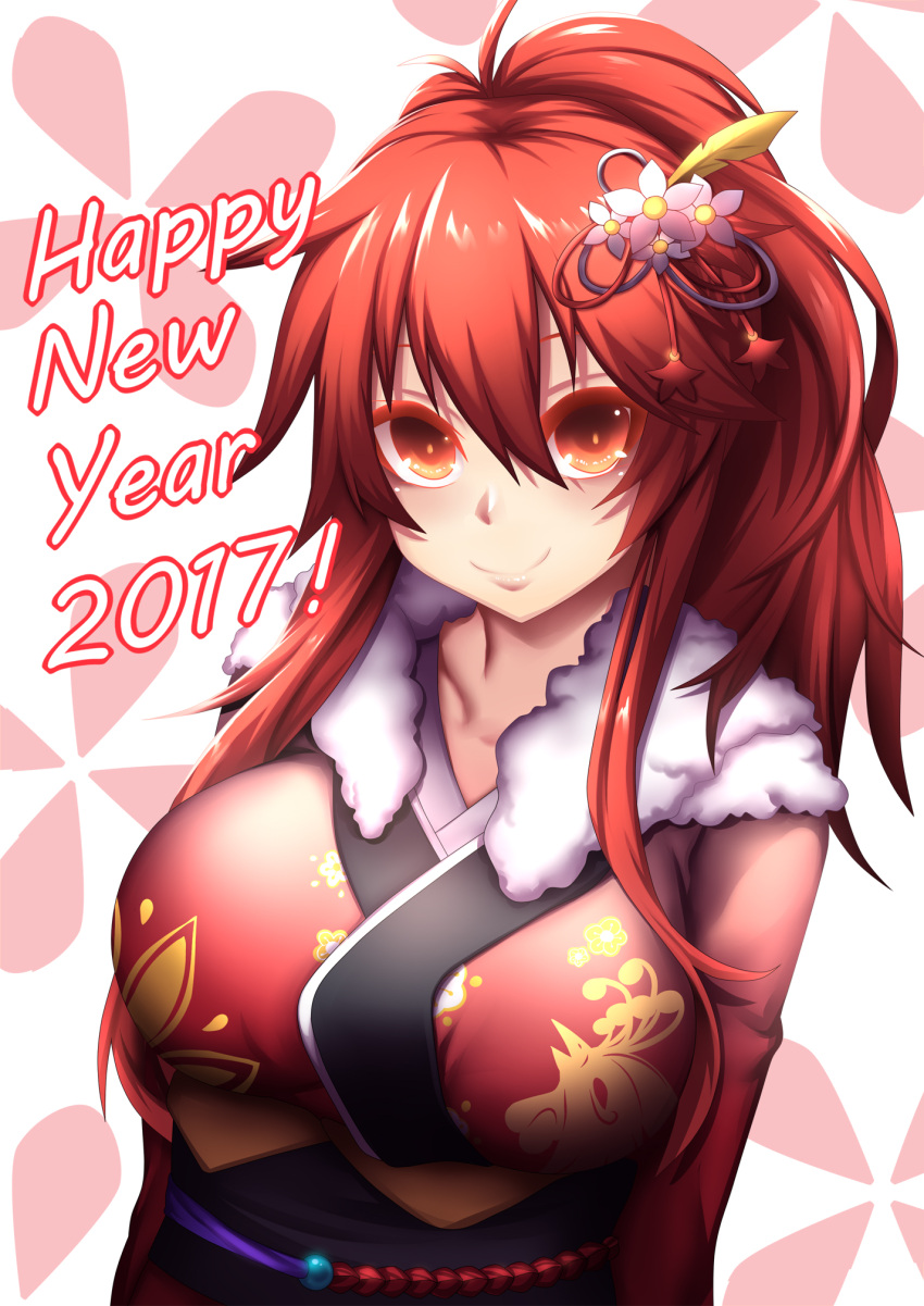 1girl 2017 arms_at_sides bangs breasts closed_mouth elesis_(elsword) elsword fi-san flower fur hair_between_eyes hair_flower hair_ornament happy_new_year highres japanese_clothes kimono large_breasts long_hair looking_at_viewer new_year obi ponytail red_eyes redhead sash sidelocks smile solo upper_body
