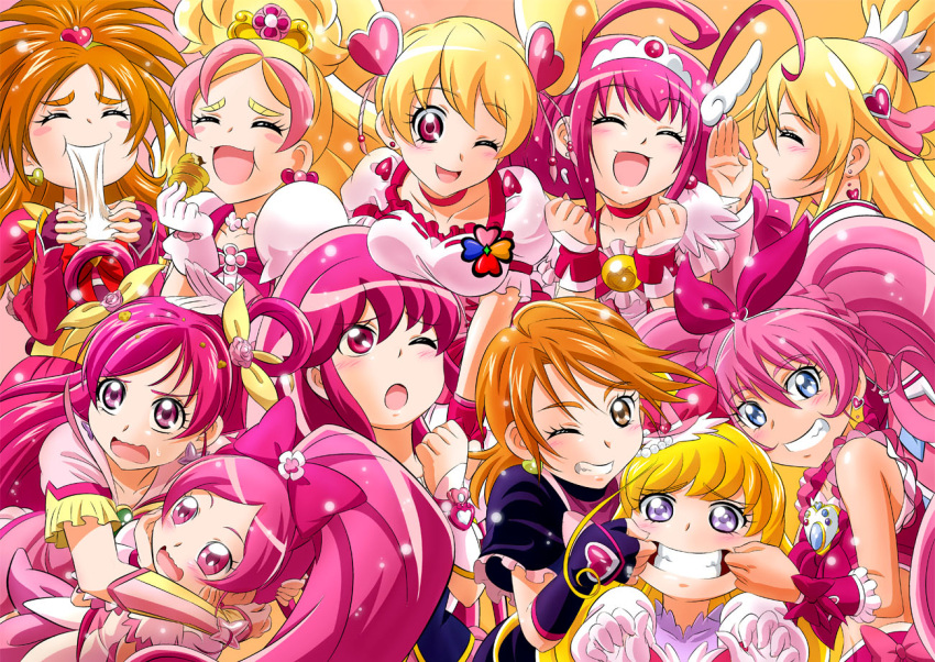 6+girls :d ;d ;o aida_mana aino_megumi asahina_mirai blonde_hair blue_eyes blush bow braid breast_envy breast_rest breasts breasts_on_head brown_eyes choker closed_eyes croissant crown_braid crumbs cure_black cure_bloom cure_blossom cure_dream cure_flora cure_happy cure_heart cure_lovely cure_melody cure_peach dokidoki!_precure earrings eating finger_in_mouth fingerless_gloves flipped_hair food fresh_precure! fuchi_(nightmare) futari_wa_precure futari_wa_precure_splash_star gloves go!_princess_precure grin hair_bow hair_ornament hair_rings half_updo hanasaki_tsubomi hands_on_own_cheeks hands_on_own_face happinesscharge_precure! haruno_haruka hat heart heart_hair_ornament heartcatch_precure! hoshizora_miyuki houjou_hibiki hyuuga_saki jewelry long_hair looking_at_viewer magical_girl mahou_girls_precure! mini_hat mini_witch_hat misumi_nagisa mochi momozono_love mouth_pull multicolored_hair multiple_girls one_eye_closed open_mouth orange_hair pink_bow pink_eyes pink_hair pink_hat ponytail precure precure_all_stars short_hair smile smile_precure! suite_precure teeth tiara twintails two-tone_hair violet_eyes wagashi winged_hair_ornament witch_hat wrist_cuffs yes!_precure_5 yumehara_nozomi