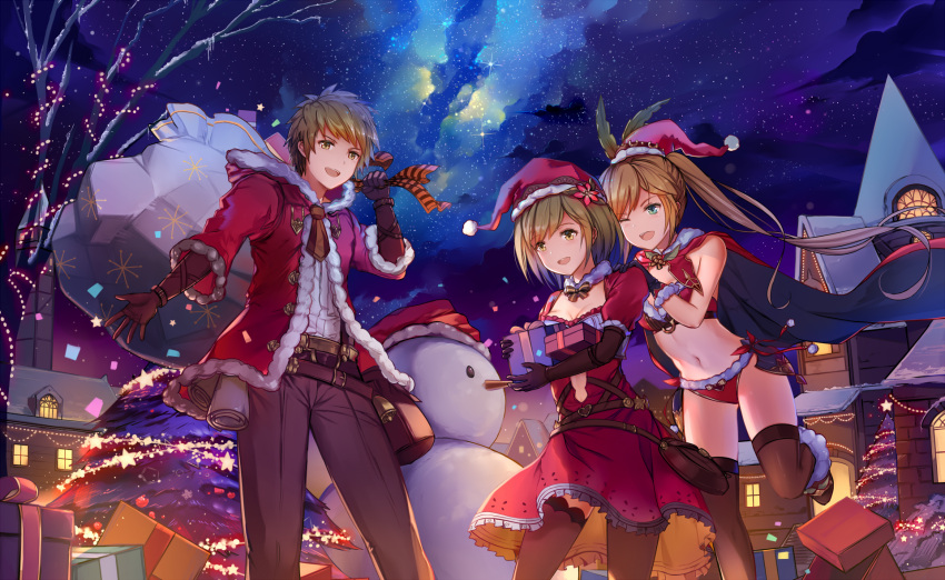 1boy 2girls :d ;d alternate_costume belt belt_pouch bikini black_gloves box brown_hair brown_legwear brown_pants cape christmas christmas_tree clarisse_(granblue_fantasy) cowboy_shot djeeta_(granblue_fantasy) dress elbow_gloves fur_trim gift gift_box gloves gran_(granblue_fantasy) granblue_fantasy hat highres house jacket long_hair looking_at_another looking_at_viewer multiple_girls natsumoka navel night night_sky one_eye_closed open_mouth outdoors pants ponytail red_bikini red_dress red_jacket sack santa_costume santa_hat short_hair sky smile snowman star_(sky) starry_sky stomach swimsuit thigh-highs