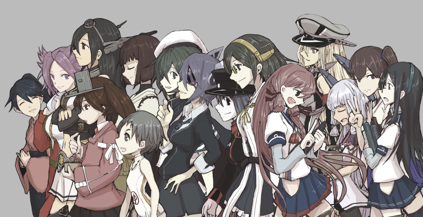 6+girls akashi_(kantai_collection) akitsu_maru_(kantai_collection) bangs bare_shoulders bismarck_(kantai_collection) black_eyes black_gloves black_hair black_hat black_legwear blonde_hair blouse blue_eyes blue_hair blue_skirt blunt_bangs boushi-ya breastplate breasts brown_eyes brown_hair cape checkered checkered_necktie closed_eyes criss-cross_halter crossed_arms detached_sleeves eating elbow_gloves eyepatch fingerless_gloves food glasses gloves green-framed_eyewear green_eyes green_hair grey_eyes hair_ribbon hairband halter_top halterneck hat headgear hip_vent houshou_(kantai_collection) hyuuga_(kantai_collection) japanese_clothes jun'you_(kantai_collection) kaga_(kantai_collection) kantai_collection kimono kirishima_(kantai_collection) kiso_(kantai_collection) large_breasts loafers long_hair long_sleeves magatama maru-yu_(kantai_collection) military military_hat military_uniform multiple_girls murakumo_(kantai_collection) nagato_(kantai_collection) naval_uniform neckerchief necktie nontraditional_miko one-piece_swimsuit ooyodo_(kantai_collection) open_mouth pale_skin parted_bangs pauldrons peaked_cap pink_hair pleated_skirt ponytail purple_hair red_necktie remodel_(kantai_collection) ribbon ribbon-trimmed_sleeves ribbon_trim ryuujou_(kantai_collection) sailor_hat school_swimsuit school_uniform semi-rimless_glasses serafuku shoes short_eyebrows short_hair side_ponytail silver_hair skirt smile spiky_hair swimsuit takoyaki tasuki tenryuu_(kantai_collection) thigh-highs tress_ribbon twintails under-rim_glasses undershirt uniform violet_eyes visor_cap white_gloves white_school_swimsuit white_swimsuit