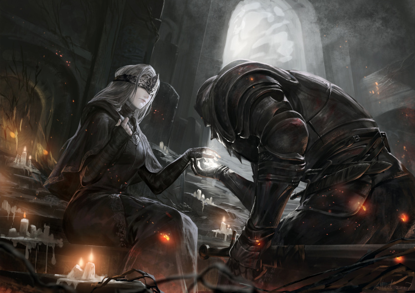 1girl 2017 alcd arch arm_at_side arm_wrap armor artist_name ashen_one_(dark_souls_3) bangs belt belt_buckle bent_over black_cape black_dress breasts buckle candle candlelight cape closed_mouth commentary covered_eyes dark_souls dark_souls_iii dress fire_keeper from_below from_side full_armor gauntlets glowing grey_hair hand_on_own_chest highres holding holding_sword holding_weapon jewelry kneeling knight long_dress long_hair mask medium_breasts necklace outstretched_hand pale_skin pauldrons sheath sheathed short_sword silver_hair sitting souls_(from_software) sword unsheathed weapon