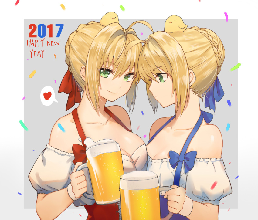 2017 2girls ahoge alcohol alternate_costume animal animal_on_head asymmetrical_docking bare_shoulders beer beer_mug blonde_hair blue_ribbon breast_press breasts chick cleavage collarbone dirndl drink fate/extra fate/stay_night fate_(series) female french_braid german_clothes green_eyes hair_ribbon happy_new_year heart highres holding large_breasts looking_at_another looking_at_viewer medium_breasts mizu_(dl7613) multiple_girls neck new_year on_head red_ribbon ribbon saber saber_extra short_hair smile spoken_heart wristband
