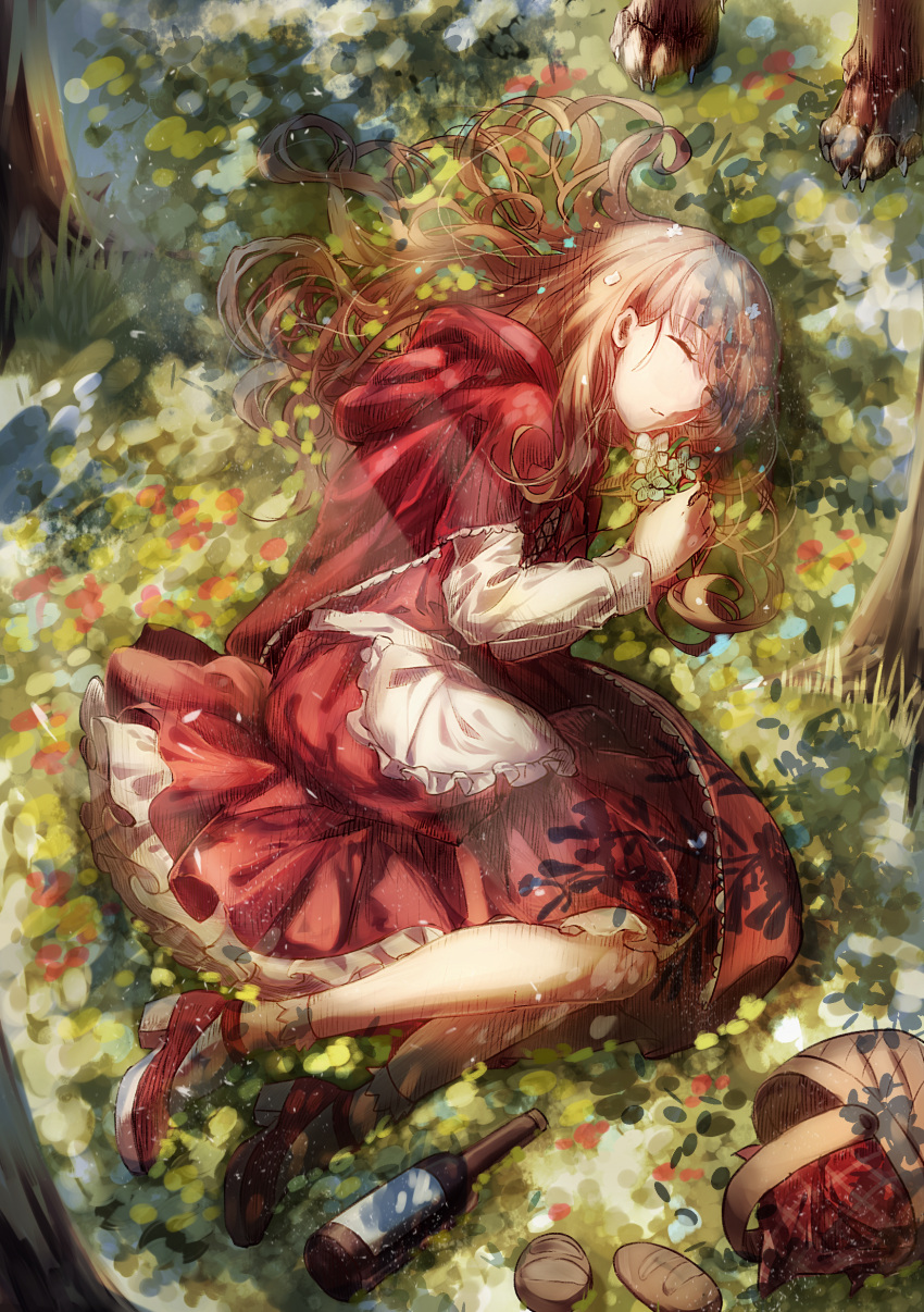 1girl absurdres basket blonde_hair bottle bread claws closed_eyes flower food highres little_red_riding_hood little_red_riding_hood_(grimm) long_hair lying nonohana on_side paws picnic_basket sleeping solo tree