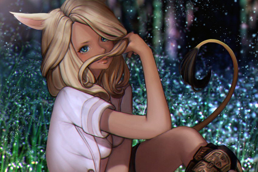 1girl animal_ears aqua_eyes bangs blonde_hair blue_eyes bra breasts cat_ears cat_tail dark_skin depth_of_field final_fantasy final_fantasy_xiv ganguro grass highres holding holding_hair lips long_hair looking_at_viewer medium_breasts mia_(miaflocon) miqo'te nature night open_shirt outdoors short_sleeves sitting sleeves_rolled_up slit_pupils solo tail