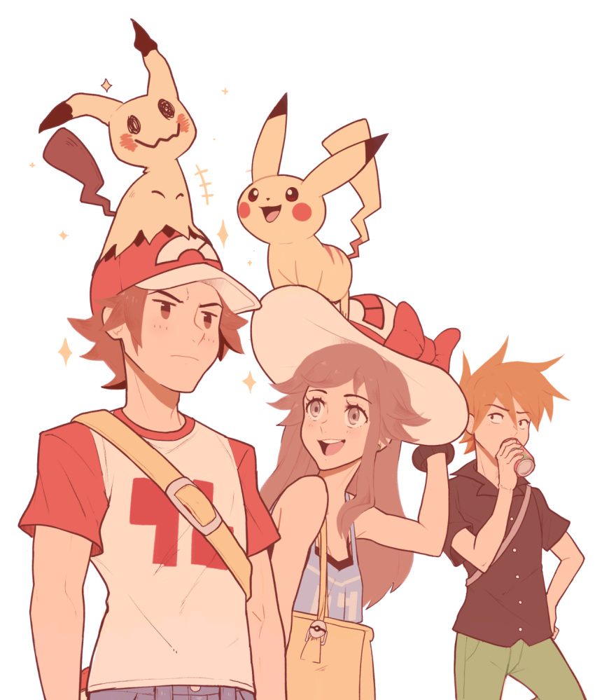 1girl 2boys :d baseball_cap blue_(pokemon) brown_eyes brown_hair closed_mouth drinking grey_eyes hand_on_hip hat highres jitome mimikyu multiple_boys older ookido_green ookido_green_(sm) open_mouth pikachu pokemon pokemon_(creature) pokemon_(game) pokemon_sm raglan_sleeves red_(pokemon) red_(pokemon)_(sm) sally_(luna-arts) simple_background smile sparkle spiky_hair sun_hat white_background