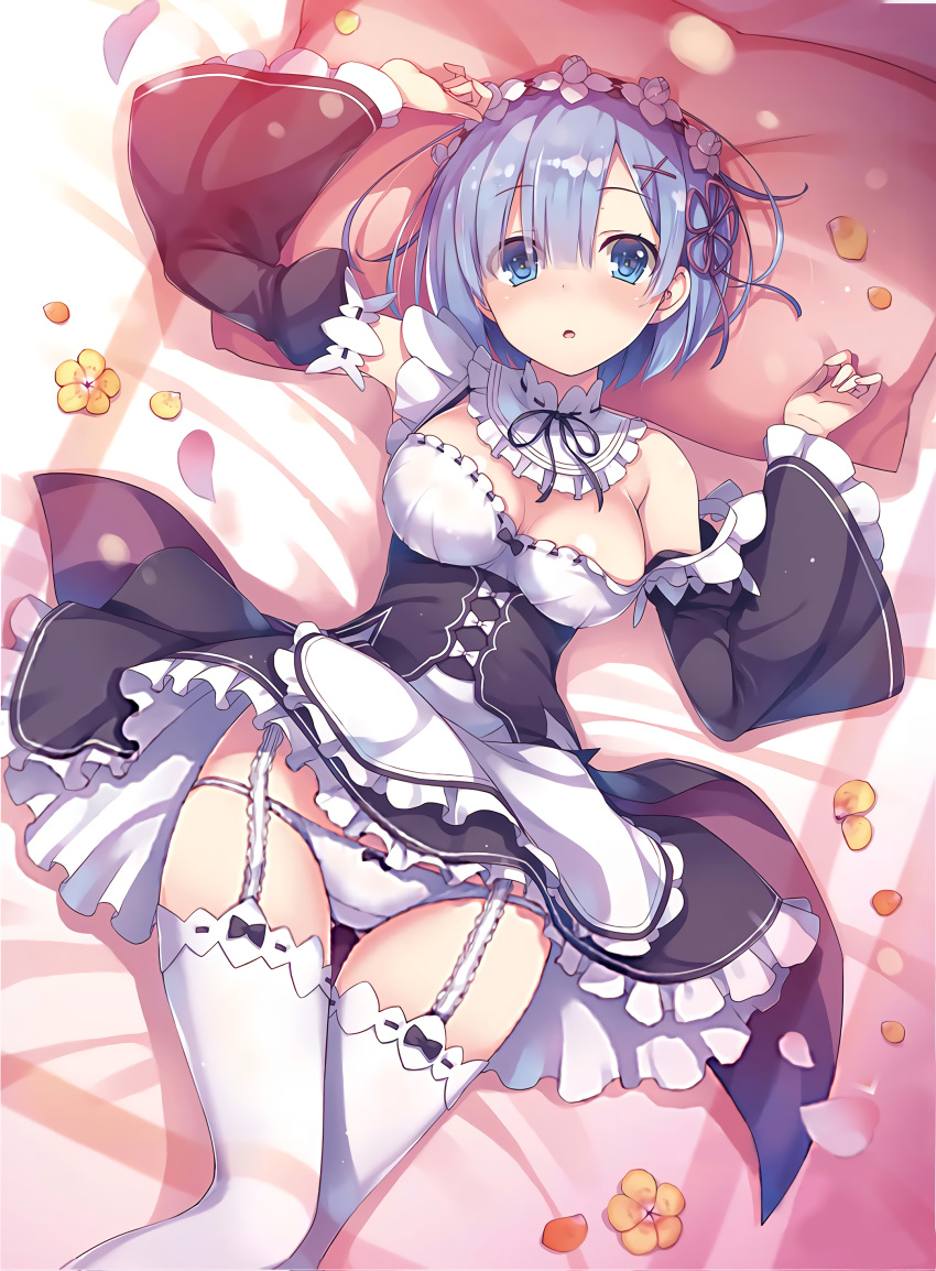 1girl absurdres bed blue_eyes blue_hair breasts cleavage flower garter_straps hair_flower hair_ornament highres legs looking_at_viewer lying maid maid_headdress panties re:zero_kara_hajimeru_isekai_seikatsu rem_(re:zero) scan skirt solo thigh-highs tomose_shunsaku underwear upscaled