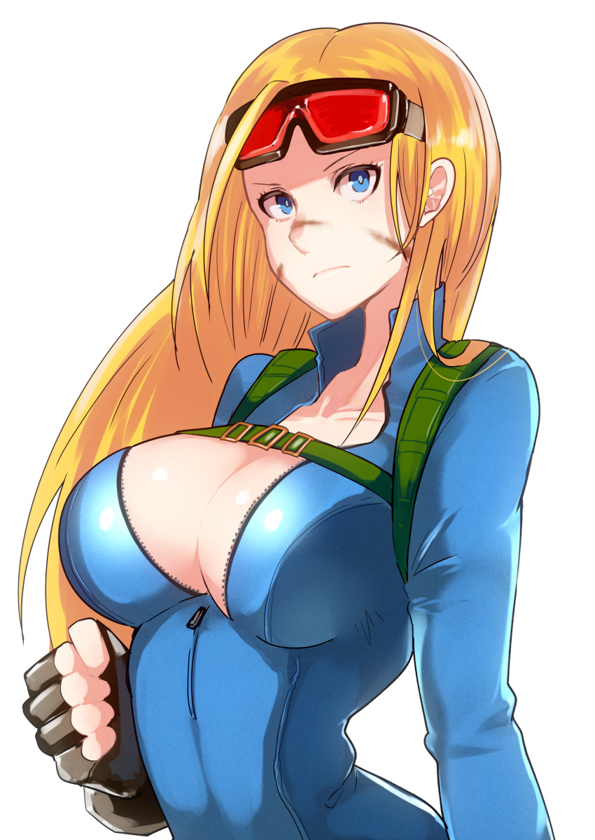 1girl alternate_costume blue_eyes bodysuit breasts cammy_white cleavage eye_(mememem) goggles goggles_on_head highres large_breasts looking_at_viewer simple_background solo street_fighter white_background