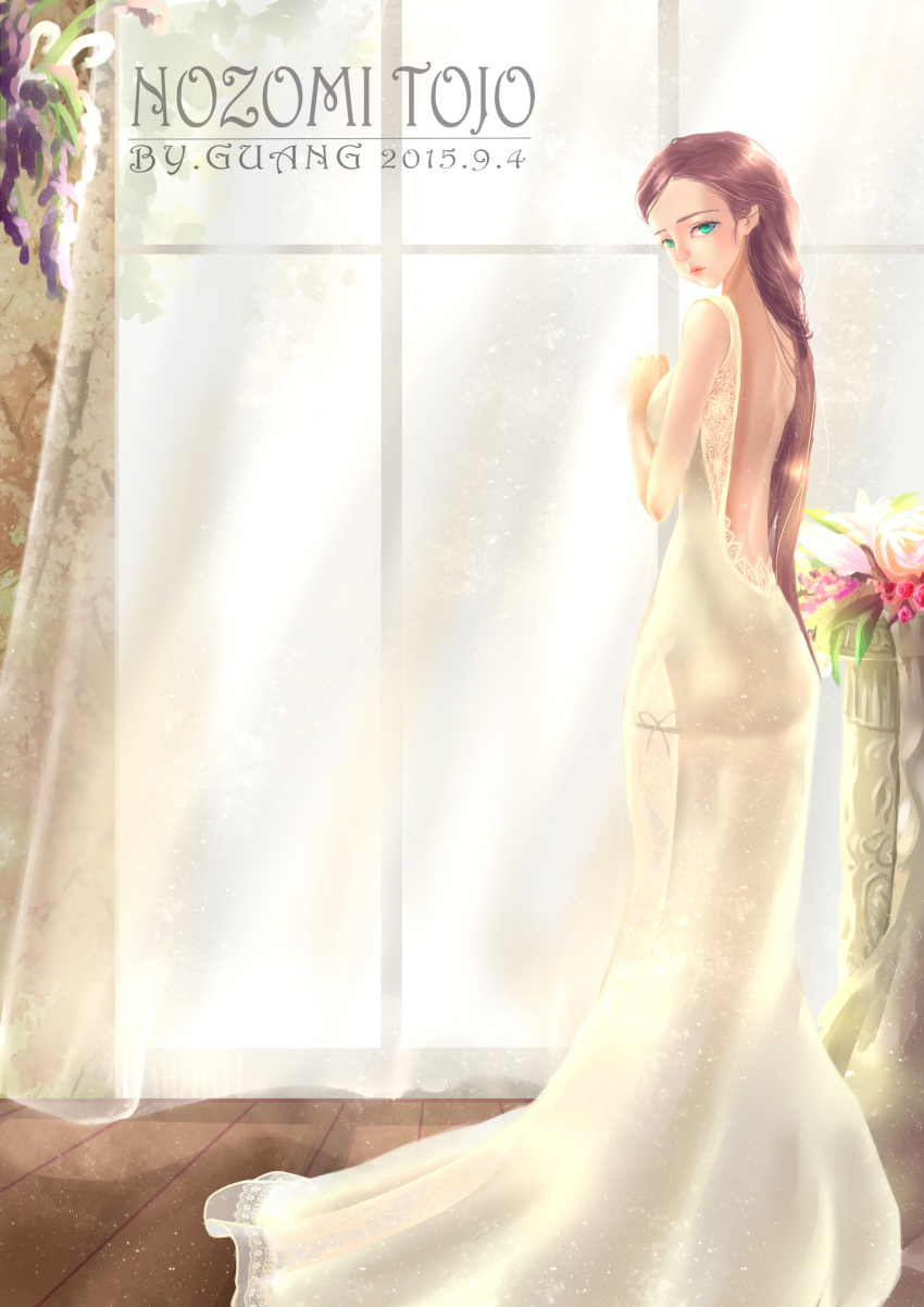 1girl absurdres breasts curtains dress gown green_eyes highres l-air large_breasts long_hair looking_at_viewer looking_back love_live! love_live!_school_idol_project open-back_dress purple_hair solo toujou_nozomi wedding_dress white_dress window